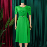 Elegant Party Dresses for Women V Neck Short Sleeve Belt Waisted Pleated Mid Calf Luxury Birthday Dinner Vestidos Mujer Dress OL